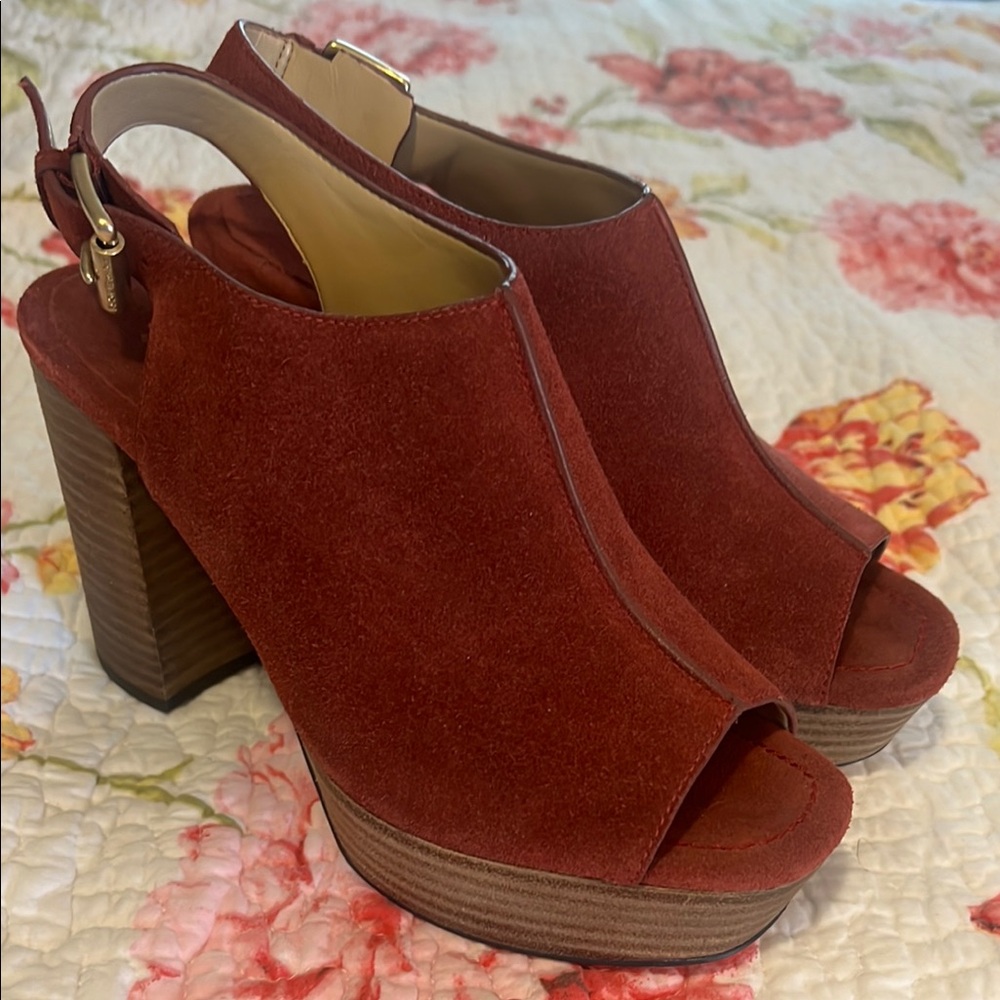 Michael Kors Rust Suede Peep-Toe Platform Slingback Heels
